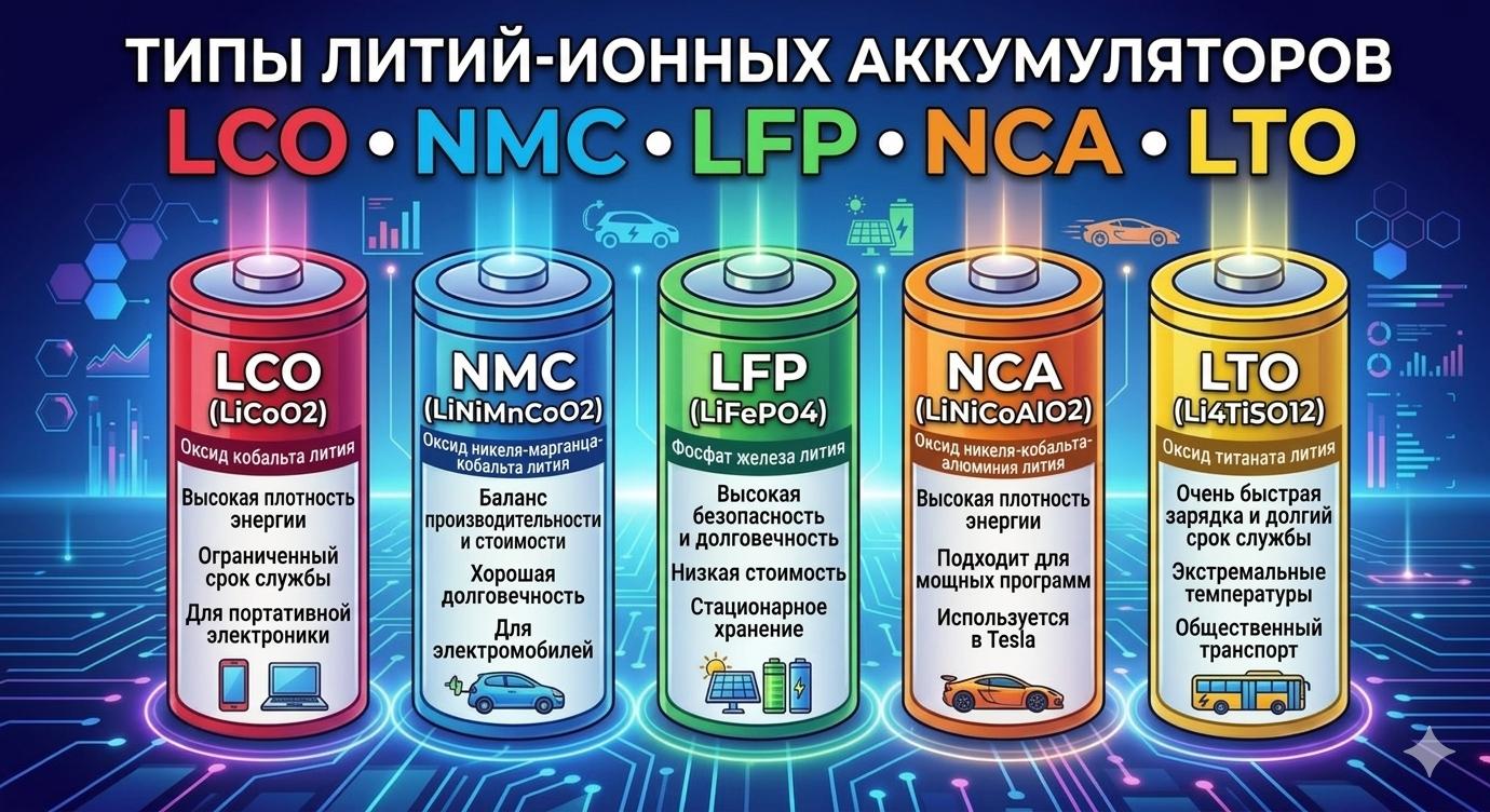 Типы литий-ионных аккумуляторов (LFP, NMC, NCA, LCO, LTO): сравнение и характеристики 2025–2026