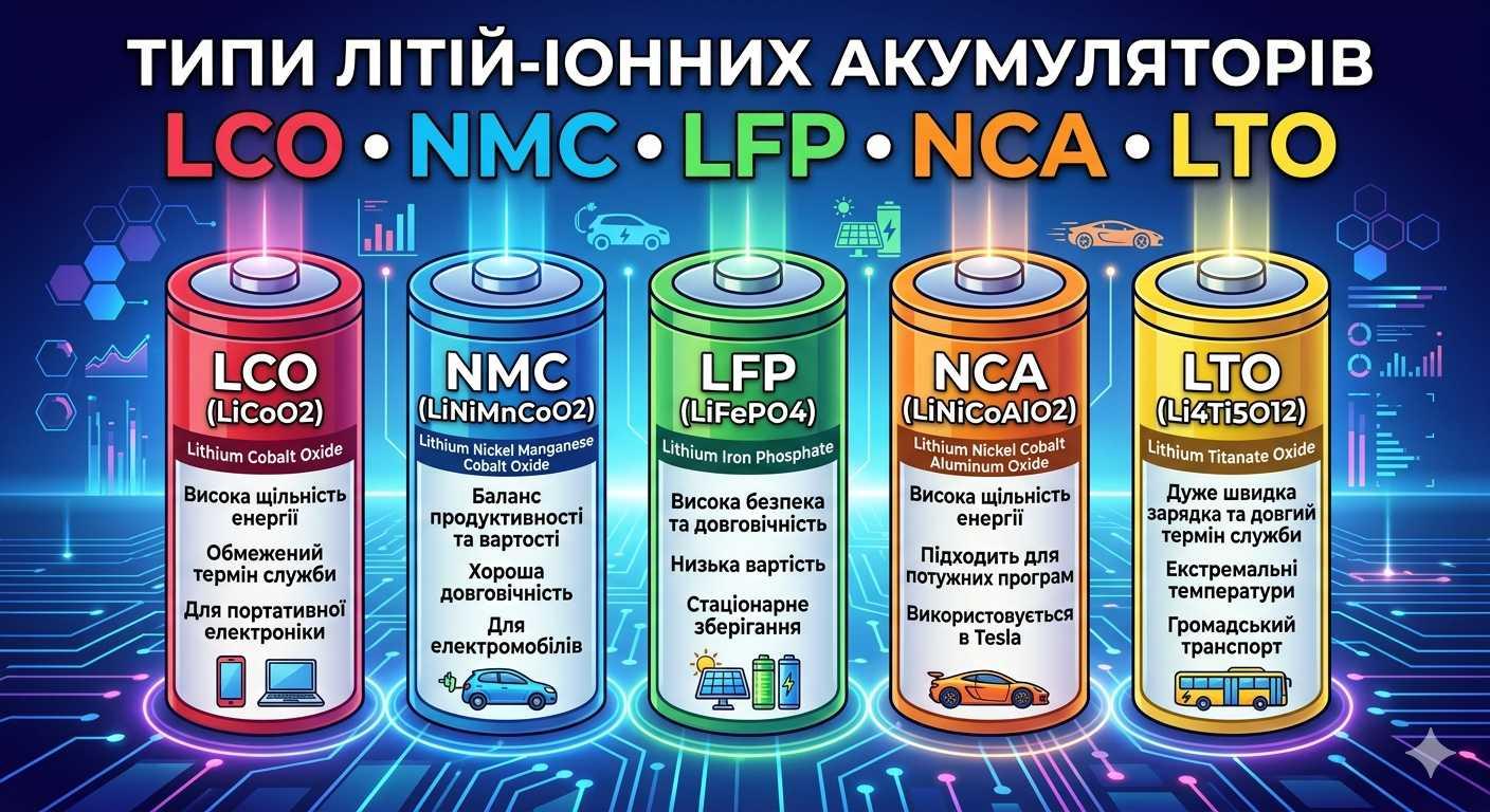 Типи літій-іонних акумуляторів (LFP, NMC, NCA, LCO, LTO): порівняння та характеристики 2025–2026
