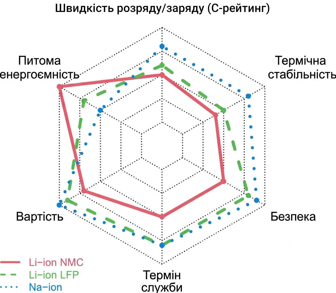 Діаграма порівняння літій-іонних та натрій-іонних акумуляторних елементів за шістьма параметрами.