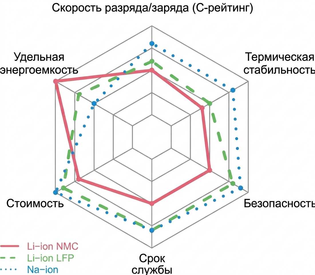 Диаграмма сравнения литий-ионных и натрий-ионных аккумуляторных элементов по шести параметрам.